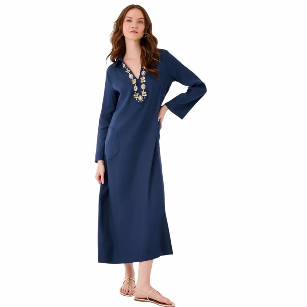 NWT Lilly Pulitzer Simona Dress Maxi Caftan XS Low Tide Navy Linen Blend Stretch